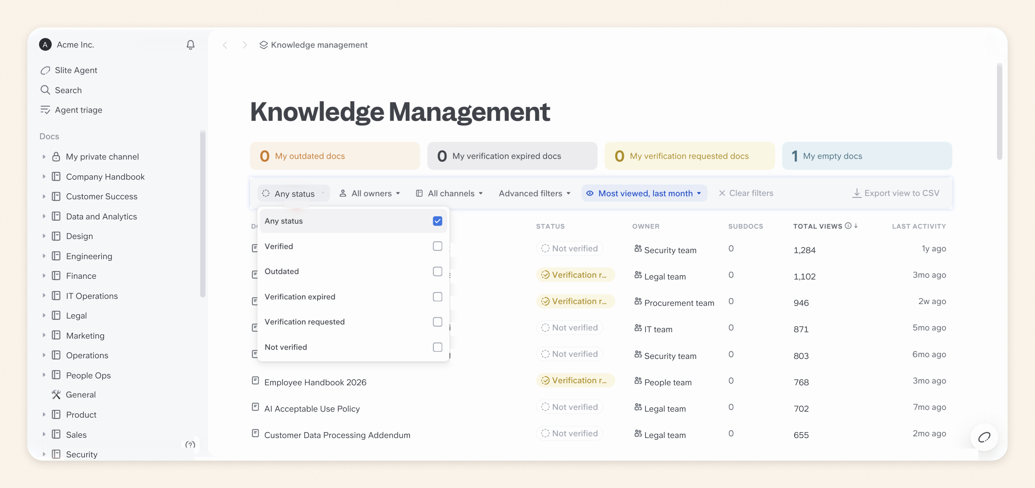 Slite Knowledge Management panel with the status filter open, showing Verified, Outdated, Verification expired, Verification requested, and Not verified
