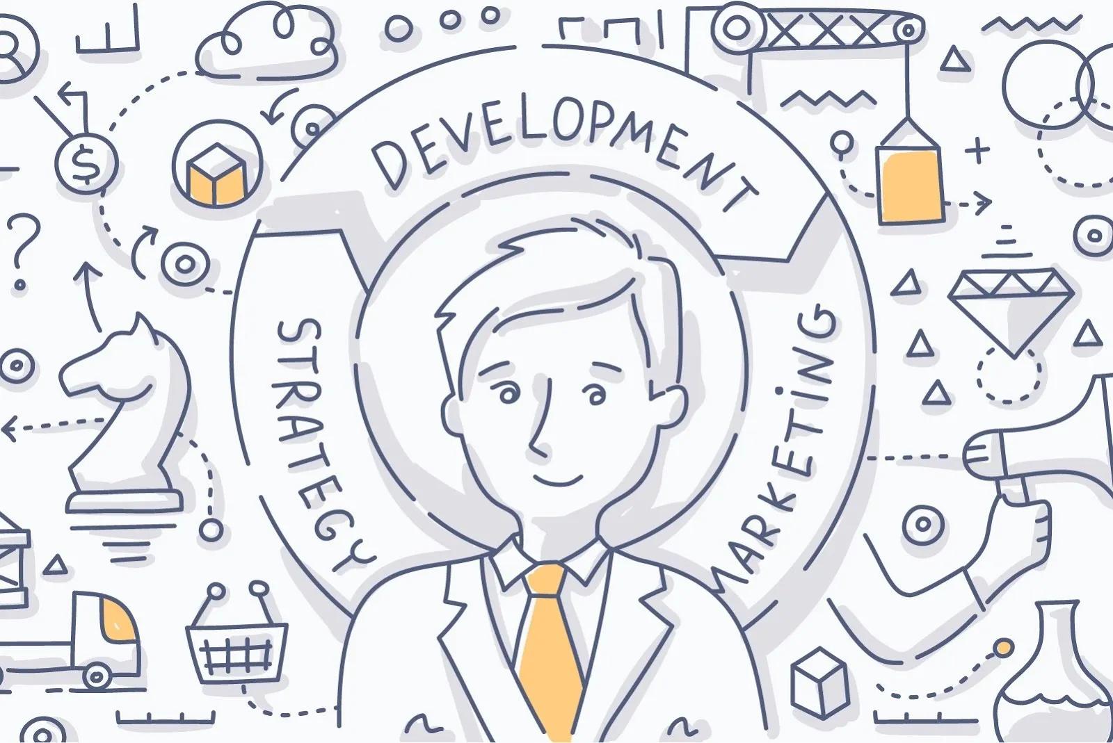 illustration of a man in the foreground of a wheel strategy development marketing