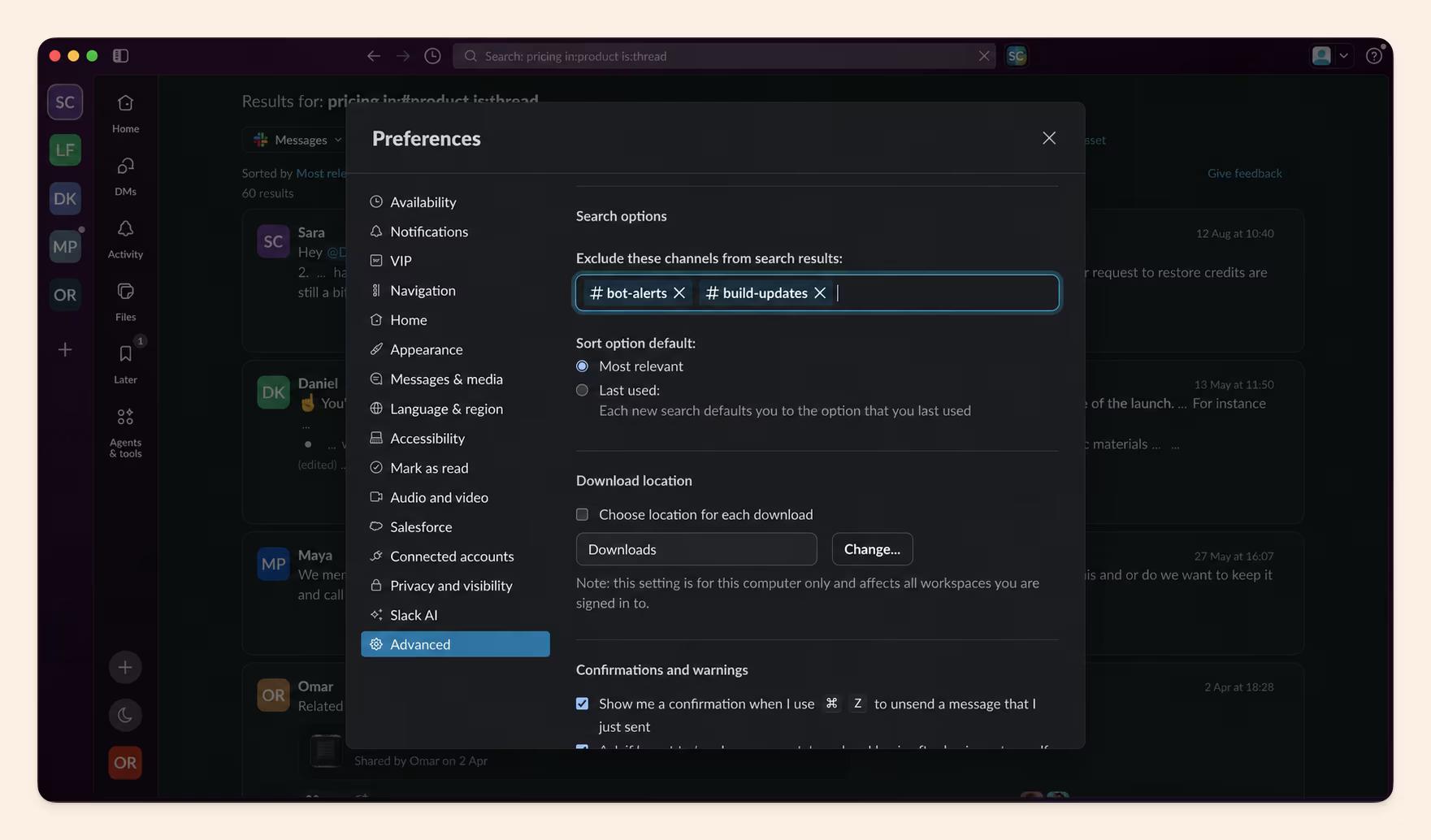 Slack Preferences, Advanced, Search options, with #bot-alerts and #build-updates excluded from search results