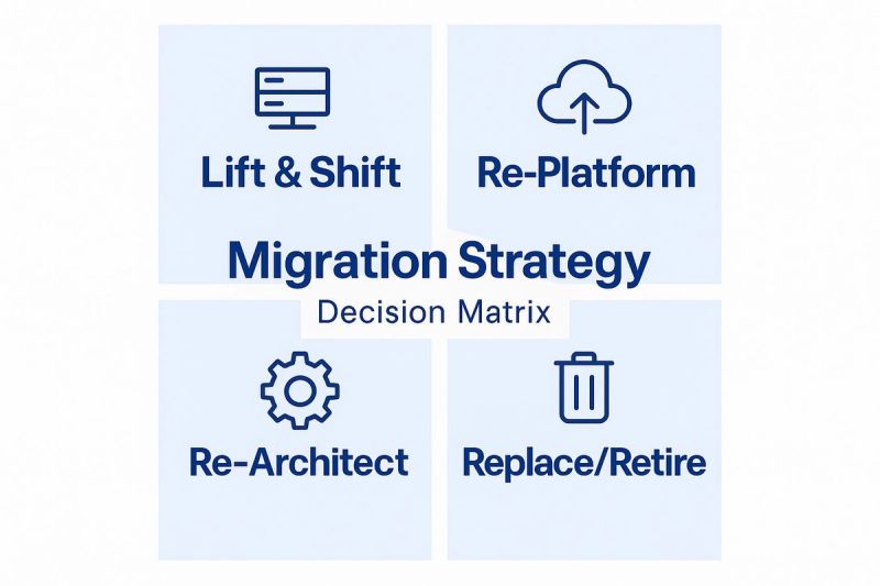 Migration Strategy Decision Matrix highlighting Lift & Shift, Re-Platform, Re-Architect, and Replace/Retire approaches for IT infrastructure management.