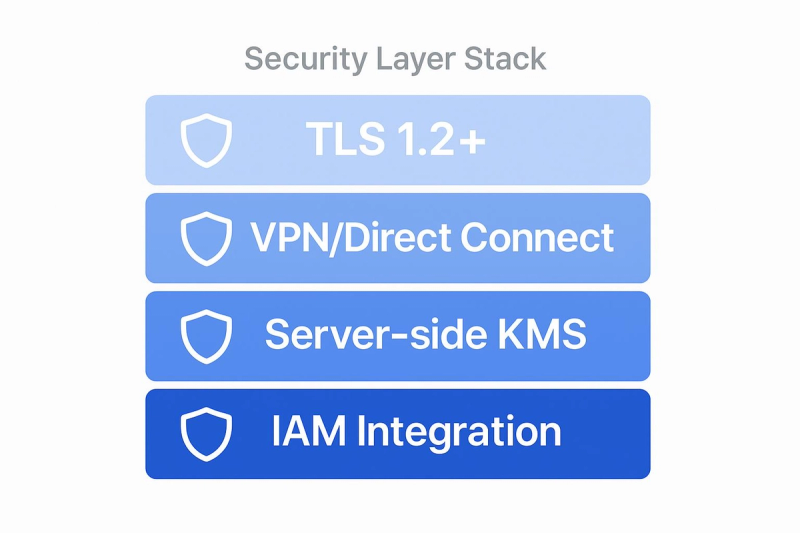 Security Layer Stack illustration: TLS 1.2+, VPN/Direct Connect, Server-side KMS, IAM Integration.