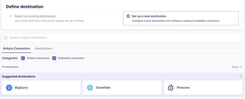 Airbyte Set Up Destination Page