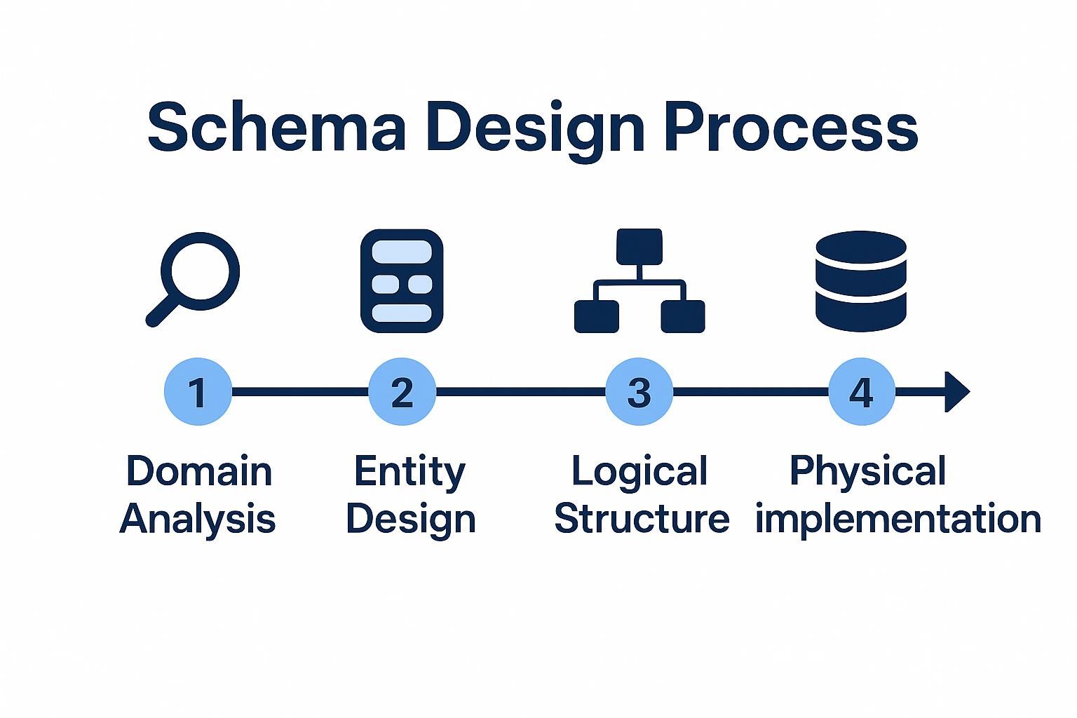 Image 4: Schema Design Process: Four-step flowchart showcasing domain analysis, entity design, logical structure, and physical implementation.
