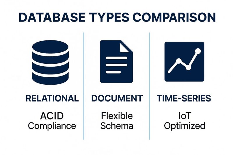 Database types comparison: Relational (ACID compliance), Document (flexible schema), Time-series (IoT optimized).