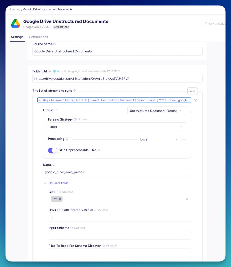 Select the Unstructured Document Format
