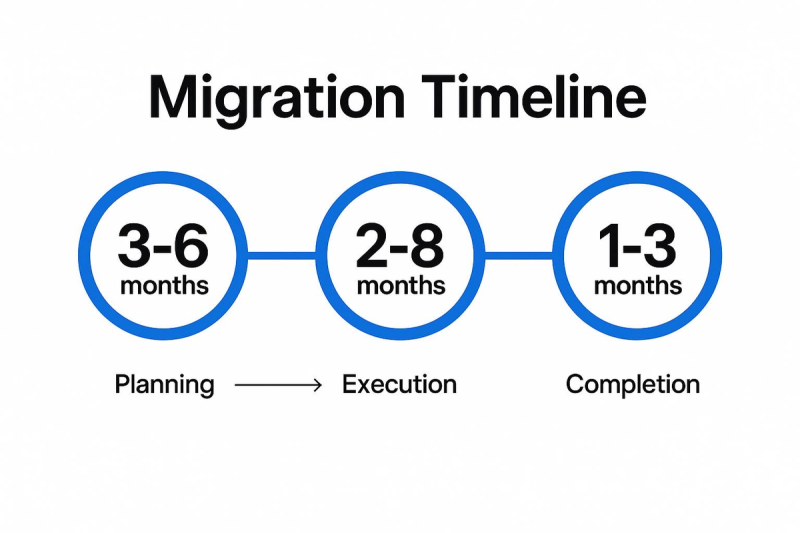 Migration Timeline: Three-phase process with durations—Planning (3-6 months), Execution (2-8 months), and Completion (1-3 months).