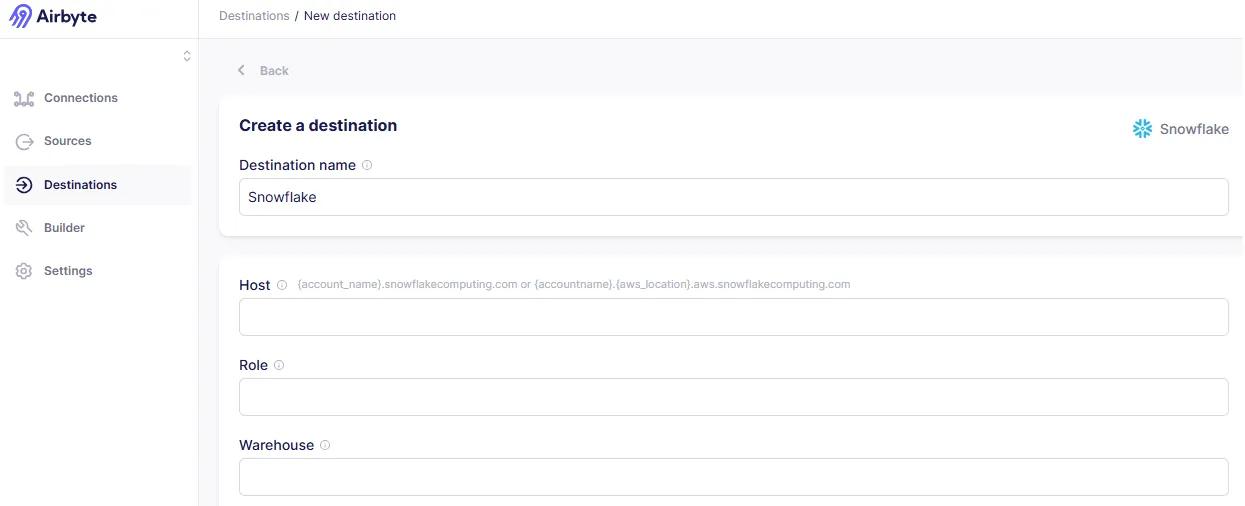 Create Destination page
