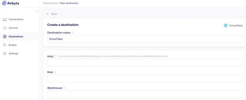 Create Destination page