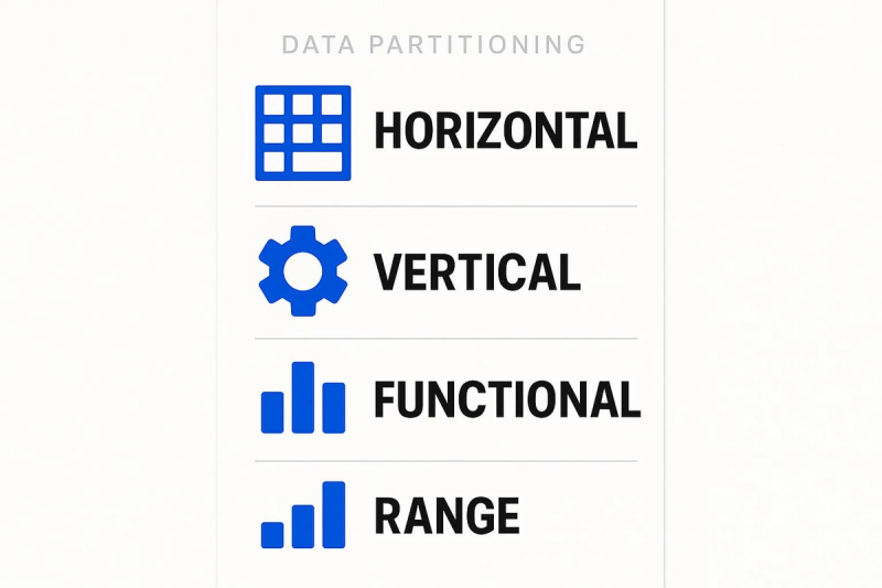 Data partitioning methods infographic featuring horizontal, vertical, functional, and range partitioning, each with distinct icons.