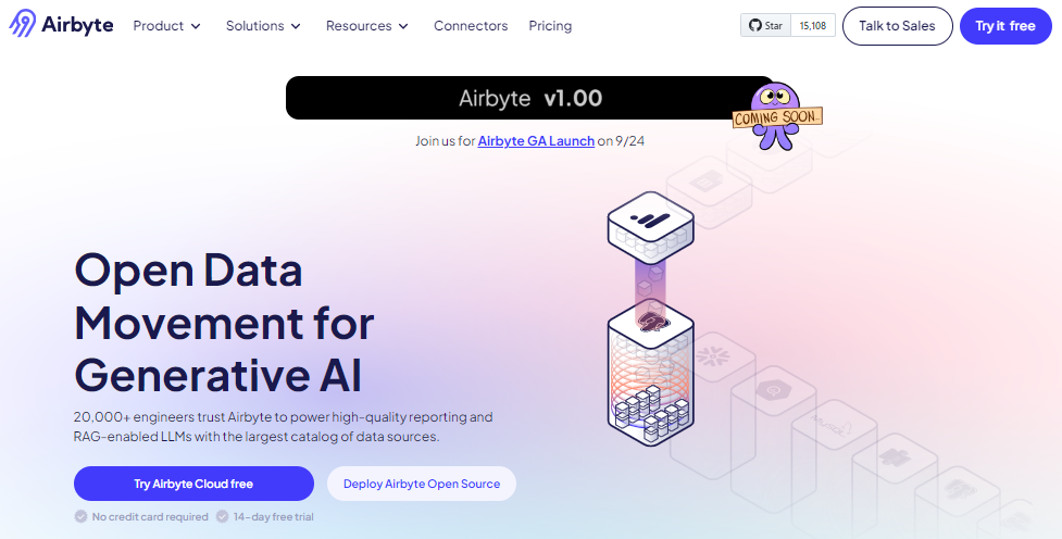 Airbyte's data integration platform interface showing connectors and data pipeline configuration options for LangChain chatbot development