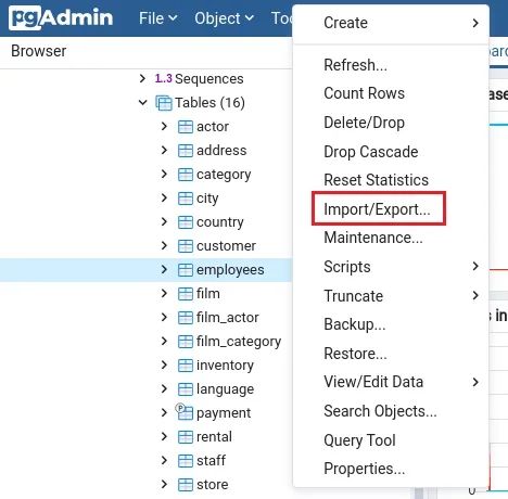 pgAdmin Import/Export