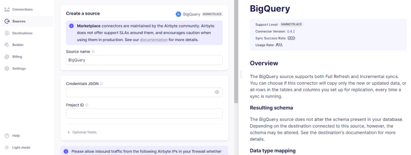 Configuring BigQuery as a Source