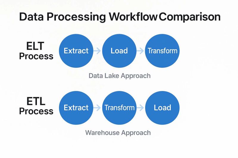 Data Processing Workflow Comparison: ELT vs. ETL processes. ELT (Extract, Load, Transform) follows a Data Lake approach, while ETL (Extract, Transform, Load) aligns with a Warehouse approach.