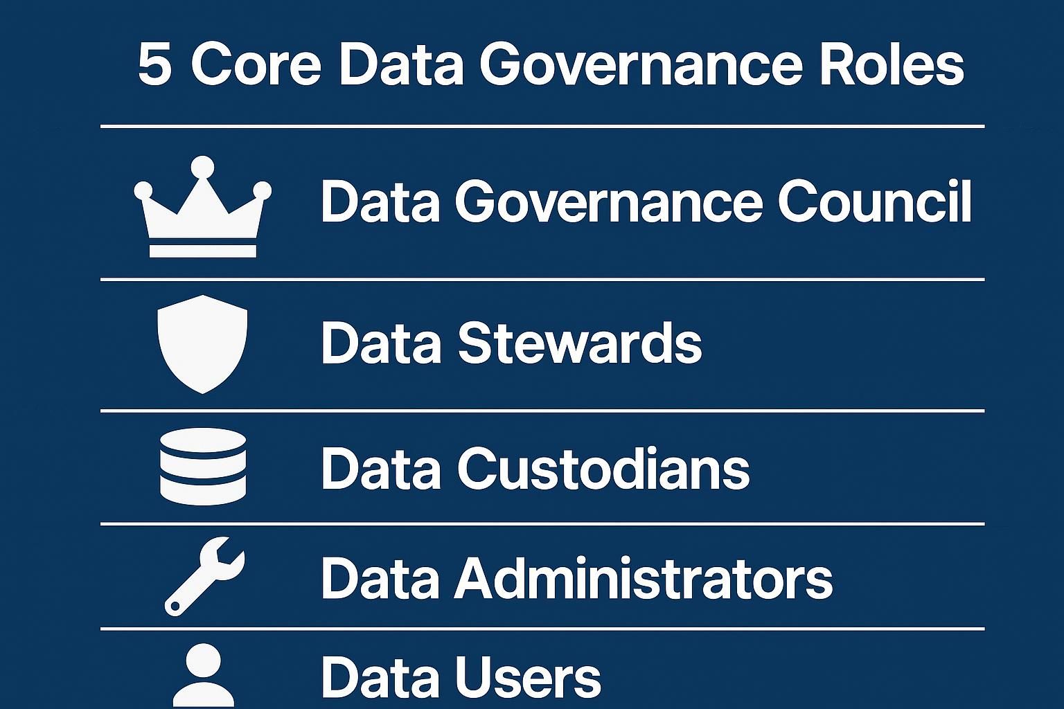 Overview of 5 core data governance roles: Data Governance Council, Data Stewards, Data Custodians, Data Administrators, Data Users.