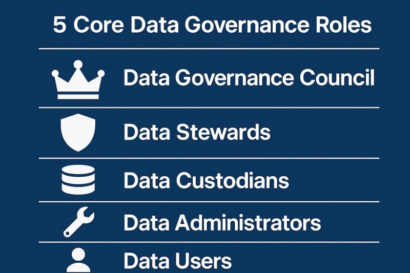 Overview of 5 core data governance roles: Data Governance Council, Data Stewards, Data Custodians, Data Administrators, Data Users.