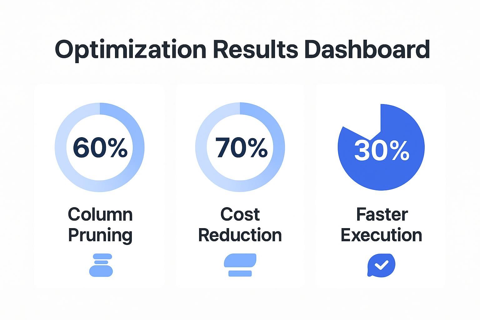 Image 5: Optimization Results Dashboard showing metrics: 60% Column Pruning, 70% Cost Reduction, 30% Faster Execution.
