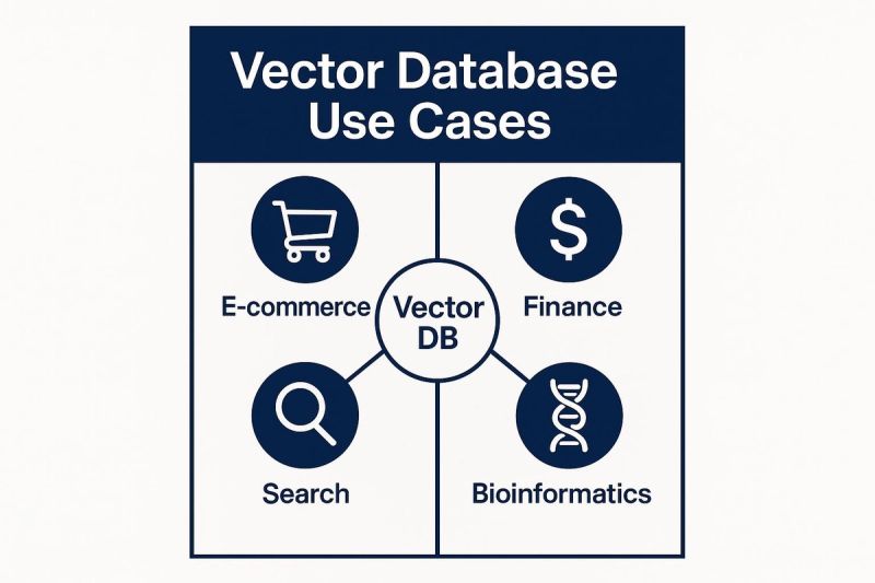 Vector Database Use Cases: E-commerce, Finance, Search, and Bioinformatics. Central hub labeled