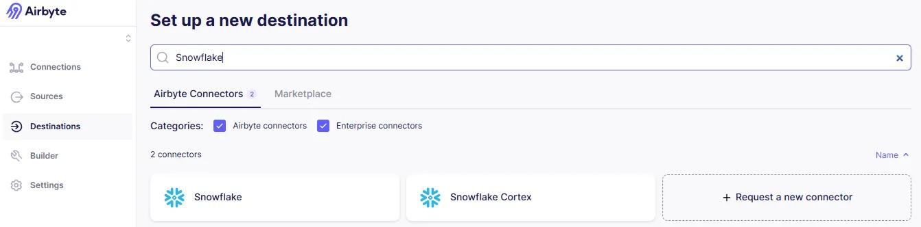 Set Up Destination page