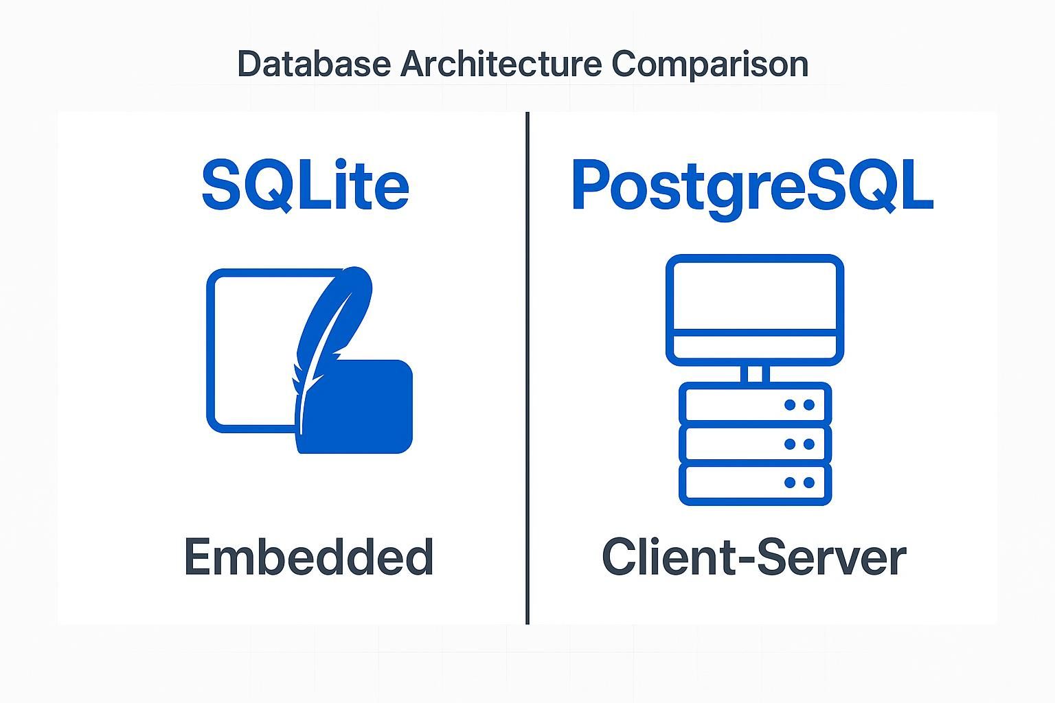 Database architecture comparison: SQLite (embedded) vs PostgreSQL (client-server), featuring icons representing each database type.