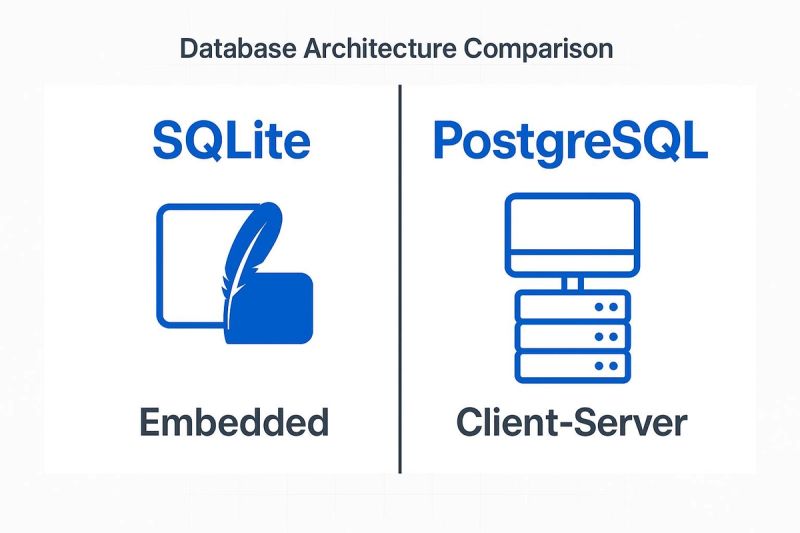 Database architecture comparison: SQLite (embedded) vs PostgreSQL (client-server), featuring icons representing each database type.