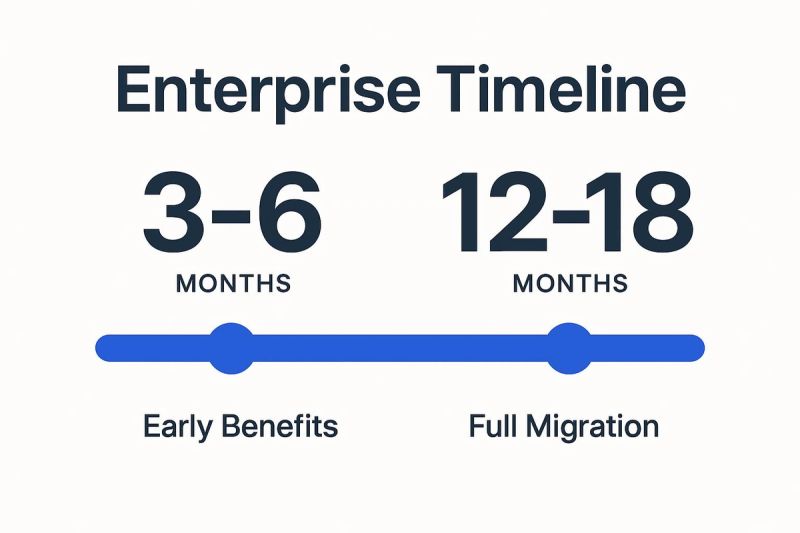Enterprise migration timeline: 3-6 months for early benefits, 12-18 months for full migration.
