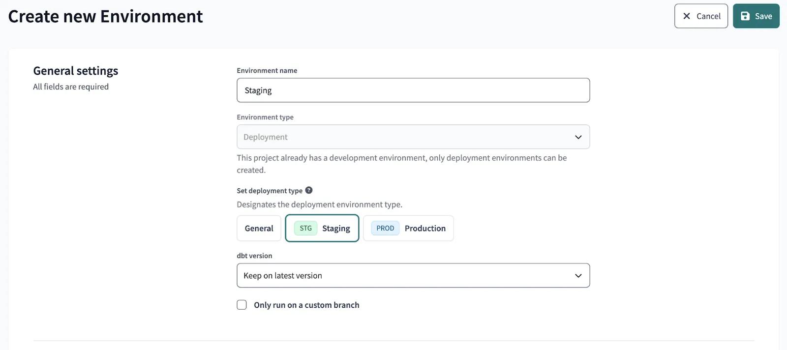 Create new Environment in dbt Cloud
