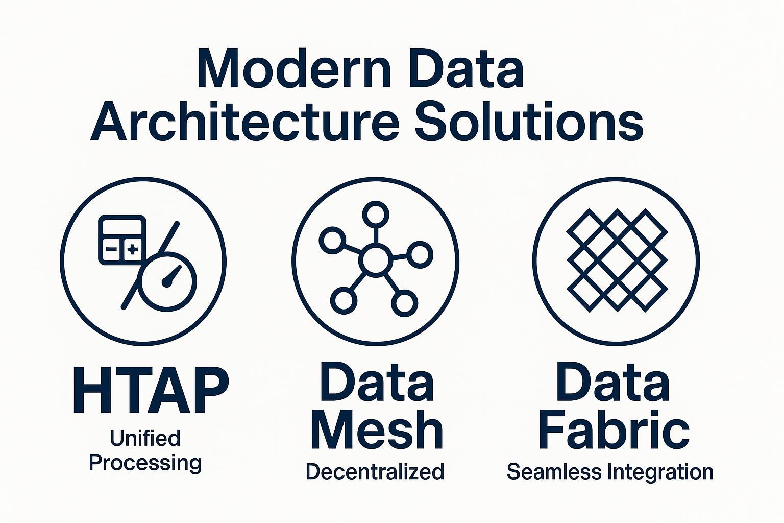 Modern data architecture solutions including HTAP (unified processing), Data Mesh (decentralized), and Data Fabric (seamless integration), illustrated with related icons.