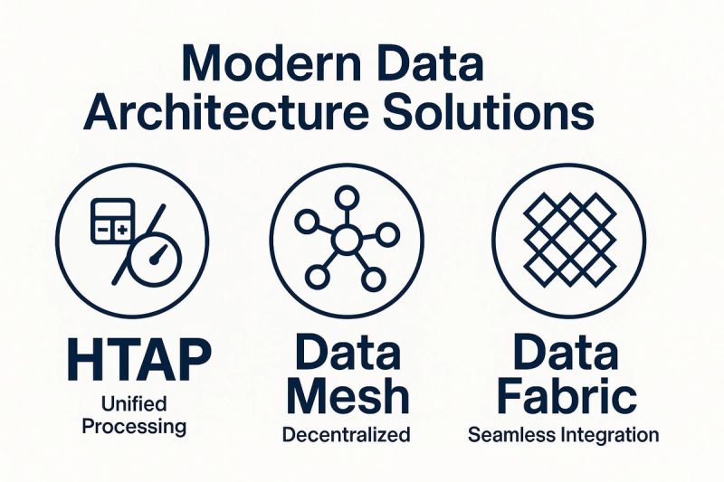 Modern data architecture solutions including HTAP (unified processing), Data Mesh (decentralized), and Data Fabric (seamless integration), illustrated with related icons.