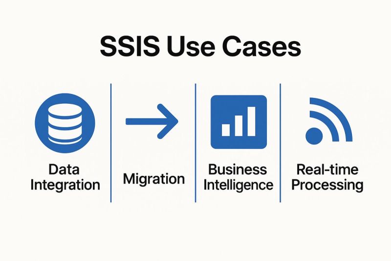 SSIS use cases illustration highlighting data integration, migration, business intelligence, and real-time processing with corresponding icons.