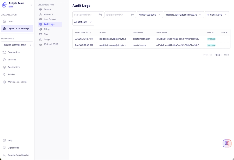 Airbyte Audit logs