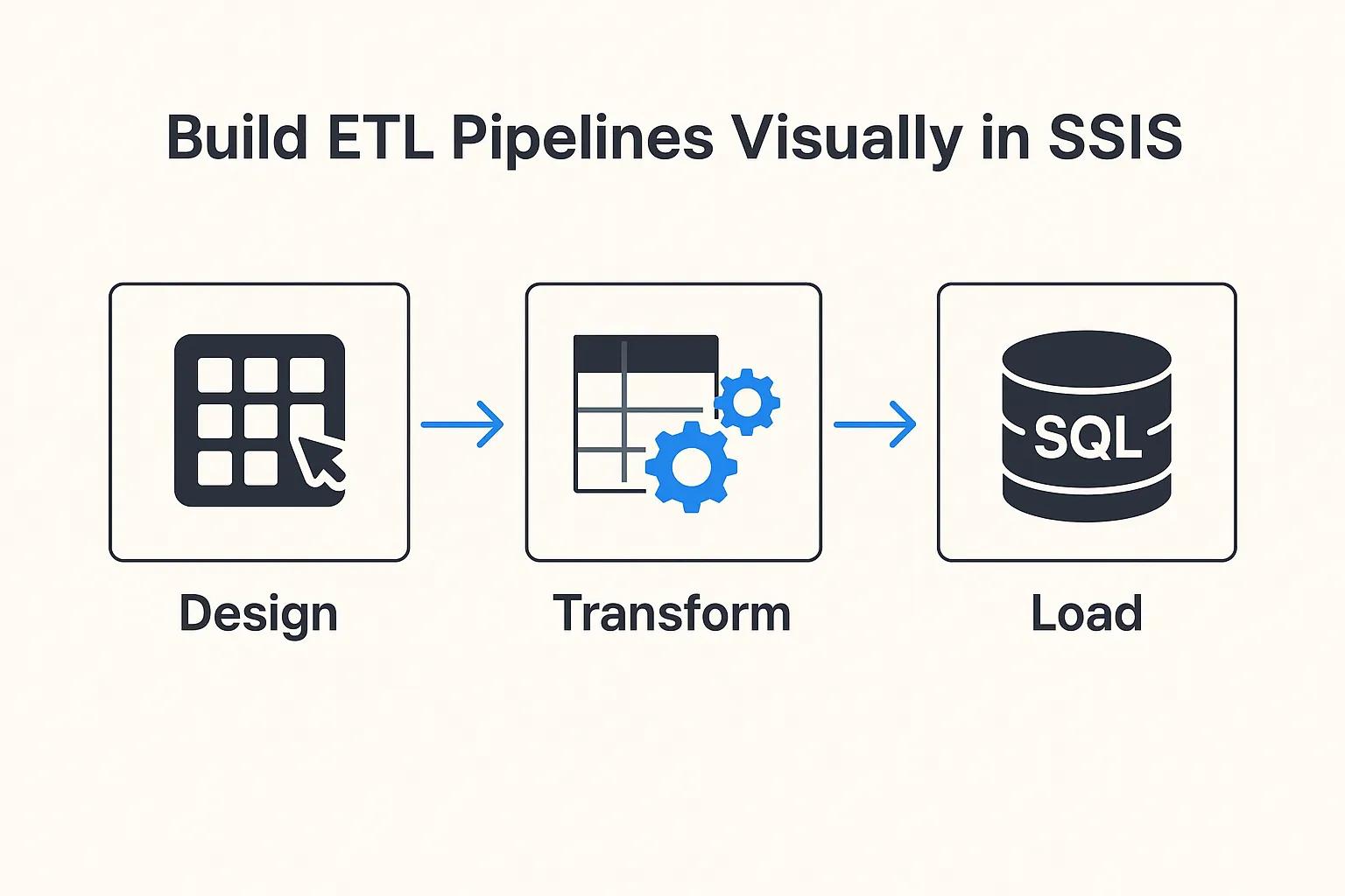 SSIS visual workspace showing drag-and-drop interface with connected data flow components, transformation tasks, and control flow elements in SQL Server Data Tools environment