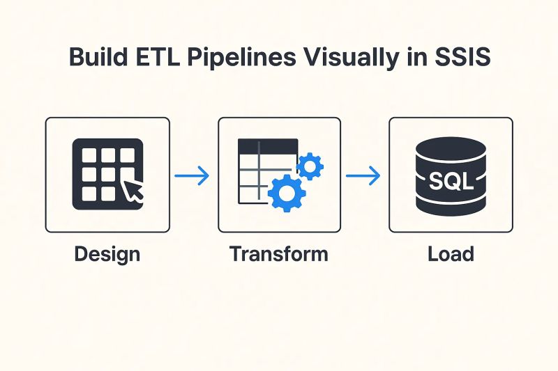 SSIS visual workspace showing drag-and-drop interface with connected data flow components, transformation tasks, and control flow elements in SQL Server Data Tools environment