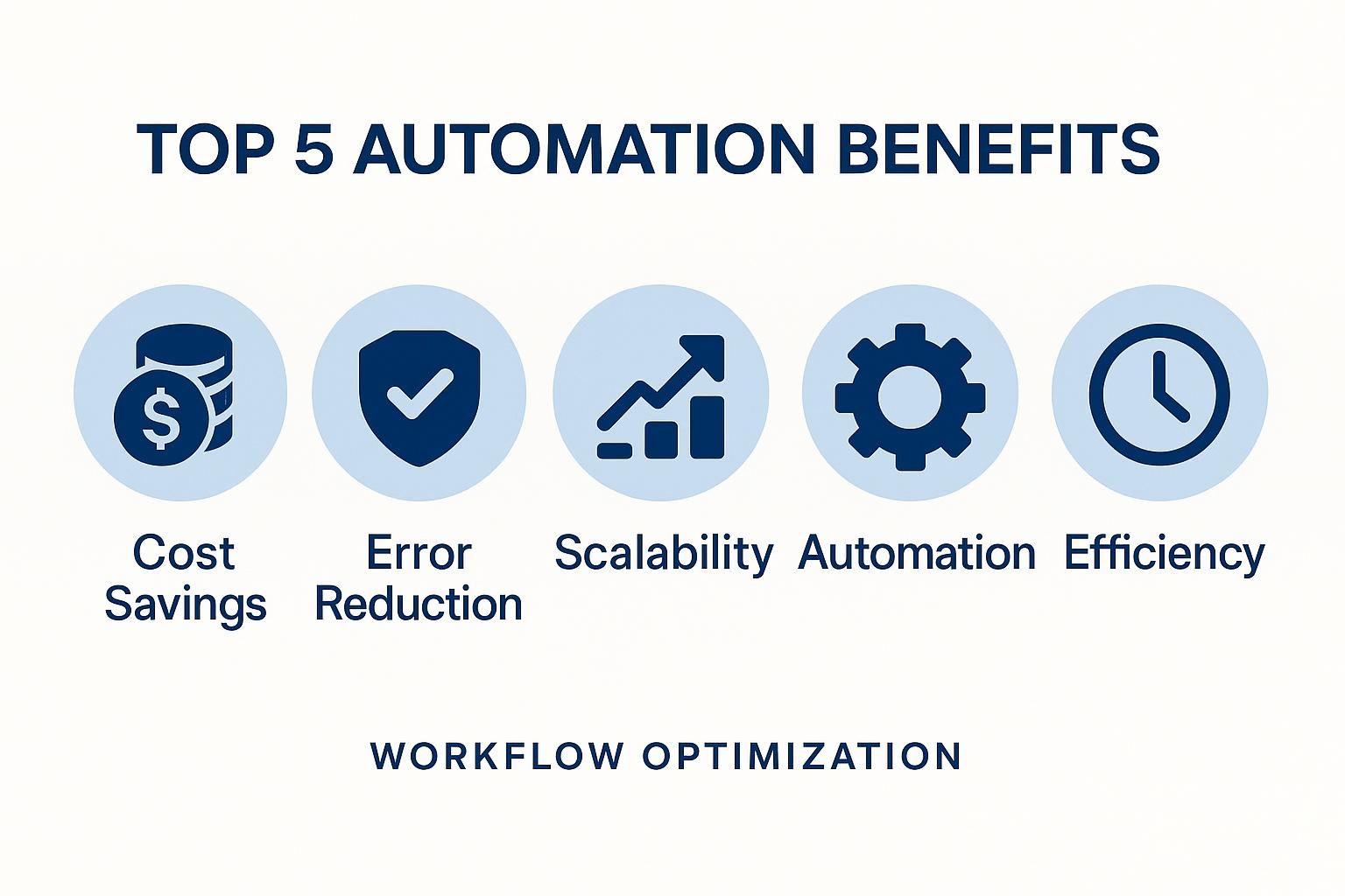 Top 5 benefits of automation: cost savings, error reduction, scalability, automation, and efficiency, highlighting workflow optimization.
