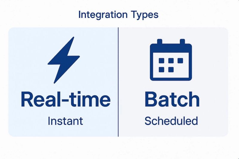 Image 3: Diagram illustrating integration types: real-time (instant) with a lightning bolt icon, and batch (scheduled) with a calendar icon.