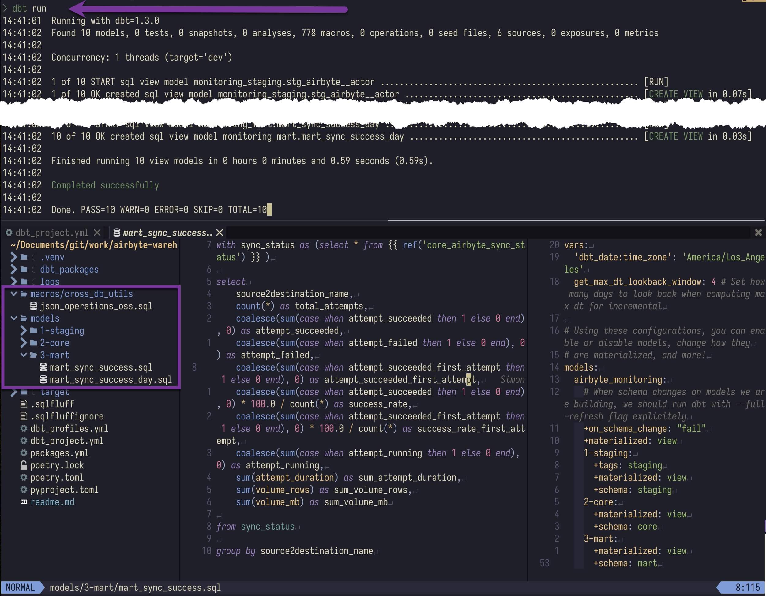 An example of dbt CLI in action when generating the tables and views with dbt run