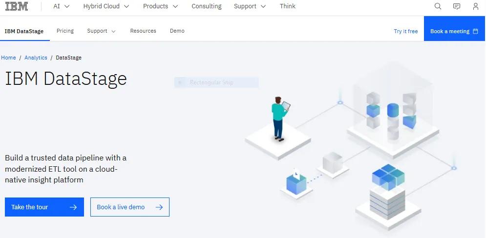 IBM DataStage platform showing Watson Studio integration and intelligent data management features