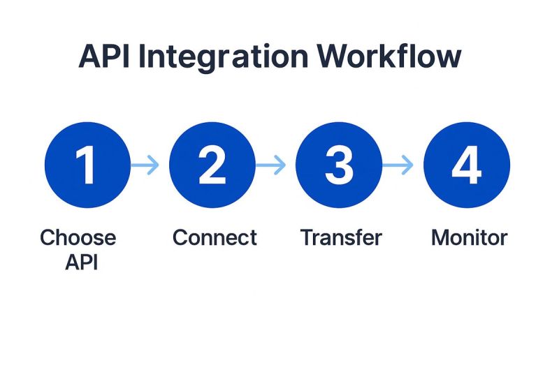 API Integration Workflow: A four-step process illustrating choosing, connecting, transferring, and monitoring APIs.