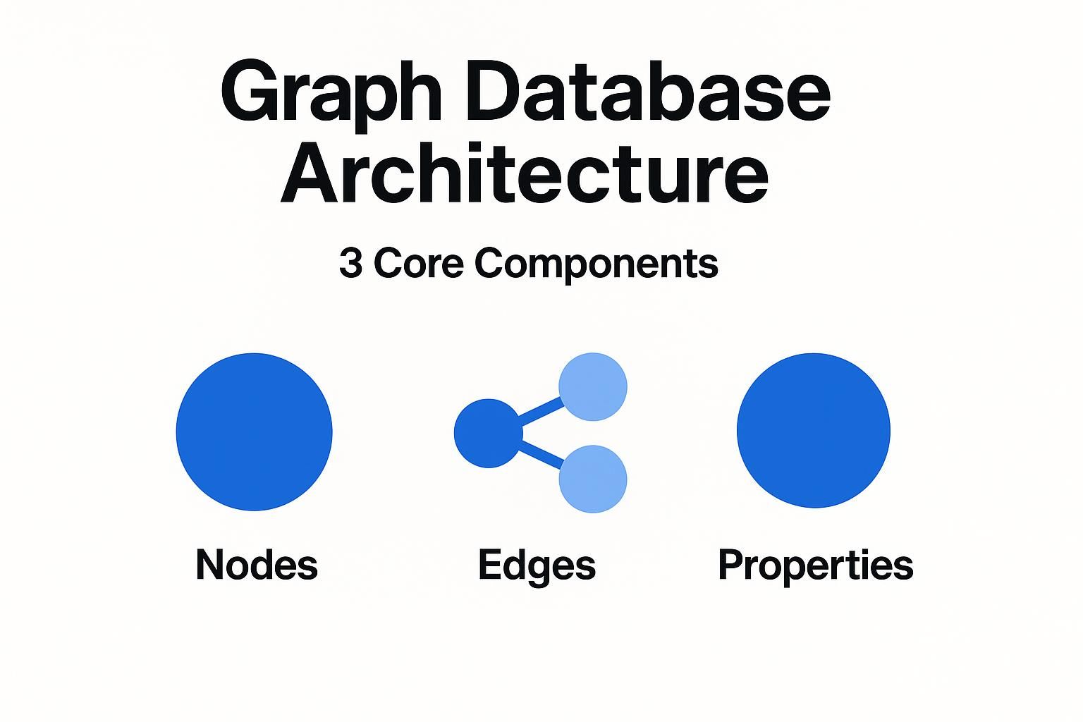 Graph Database Architecture: Overview of three core components—Nodes, Edges, and Properties—illustrated with simple icons.
