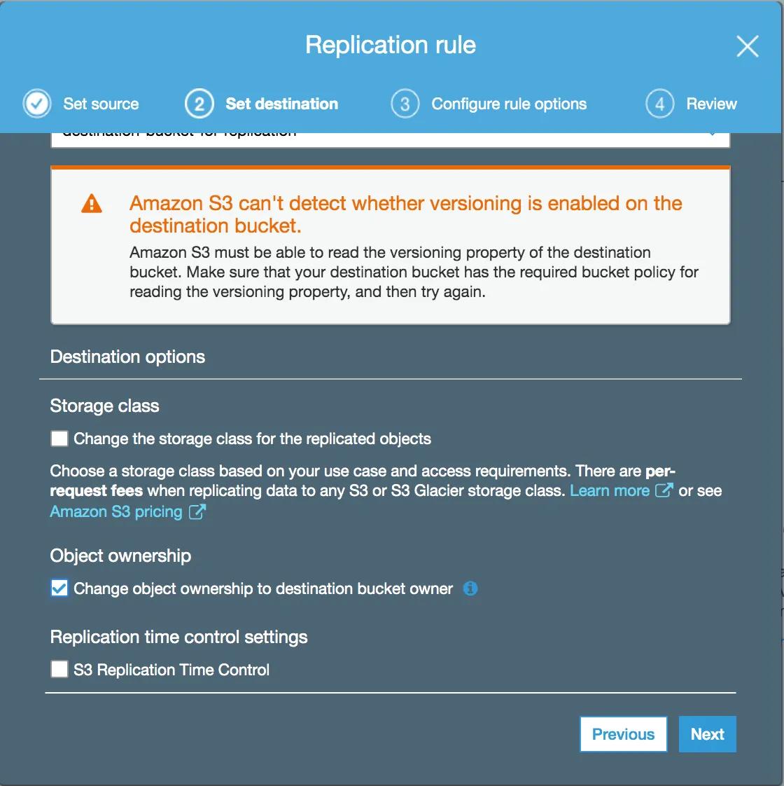Replication rule destination options