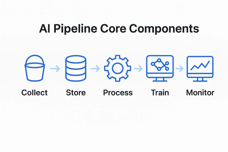 AI pipeline core components diagram illustrating stages: collect, store, process, train, monitor with icons.