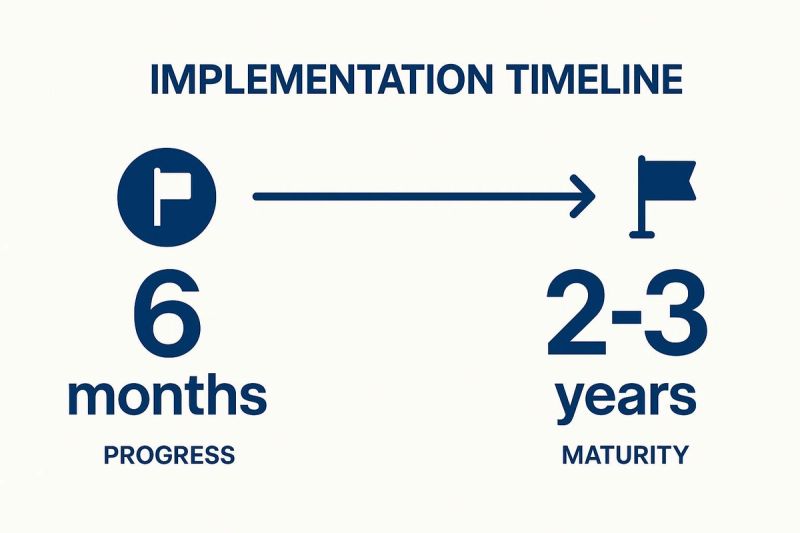 Implementation timeline graphic depicting progress from 6 months to maturity in 2-3 years, marked by icons and an arrow.