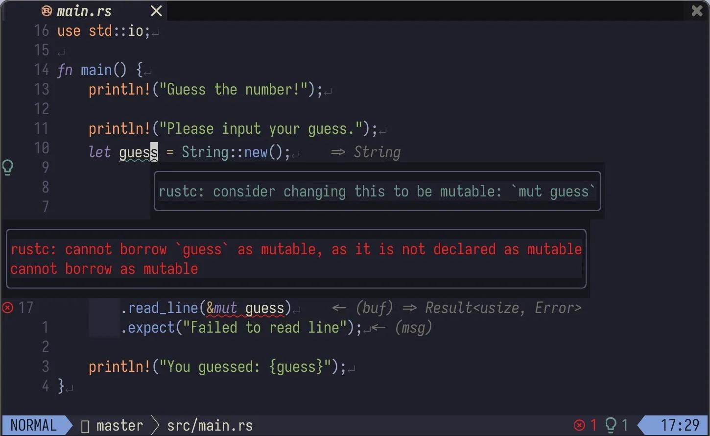 An example of how Rust surfaces an error during development and suggests changes