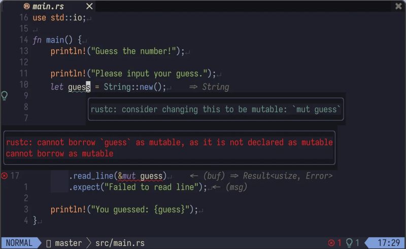 An example of how Rust surfaces an error during development and suggests changes