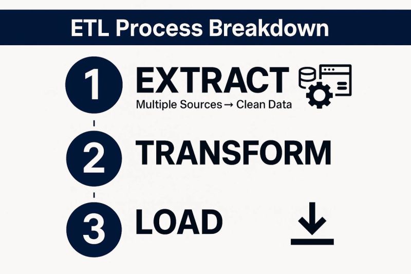ETL Process Breakdown: Visual guide illustrating the ETL steps—Extract, Transform, Load. Highlights data extraction from multiple sources, transformation, and final loading.