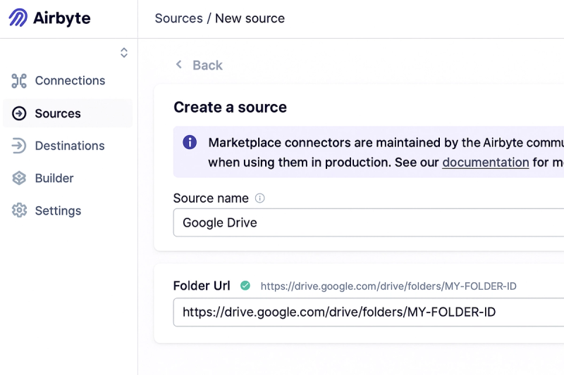 Airbyte dashboard showing Google Drive source connector configuration screen with authentication settings