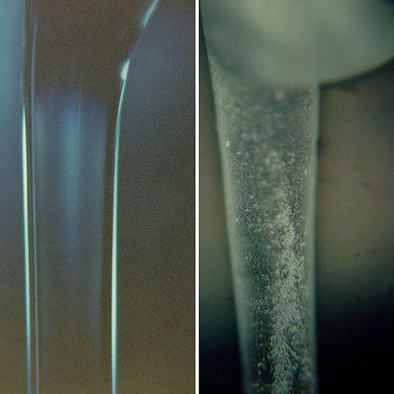 Left: space pulled fiber. Right: Fiber pulled on Earth. 