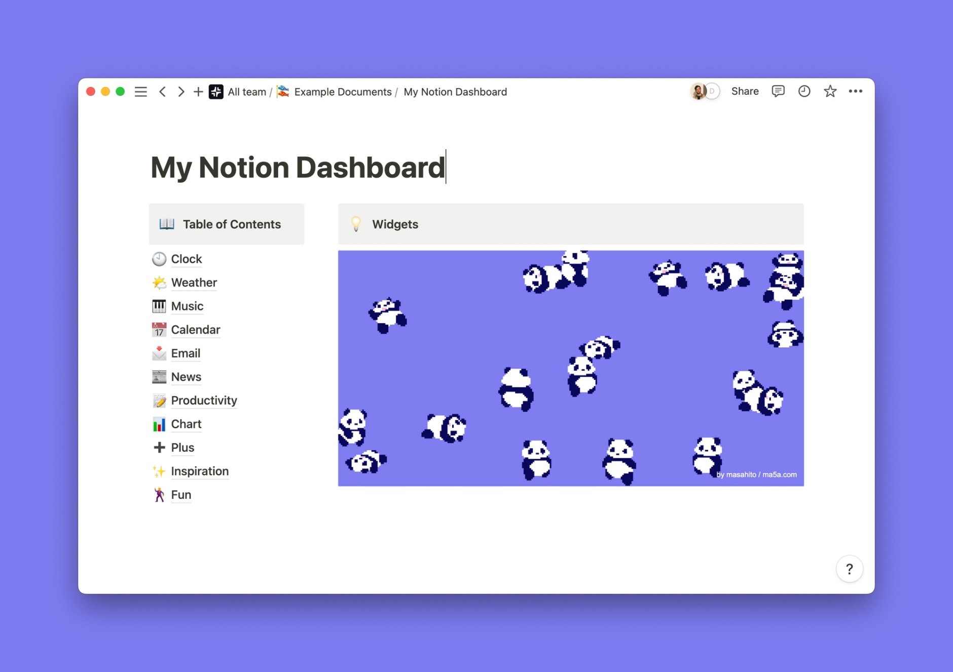 Walking Pandas widget inside of a Notion workspace