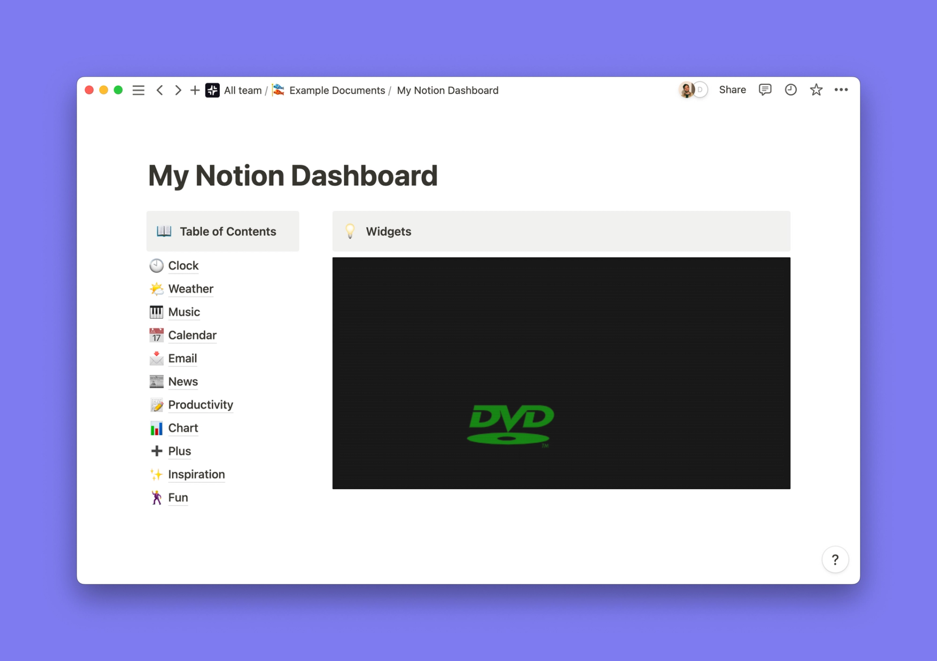 Bouncing DVD Logo widget inside of a Notion workspace