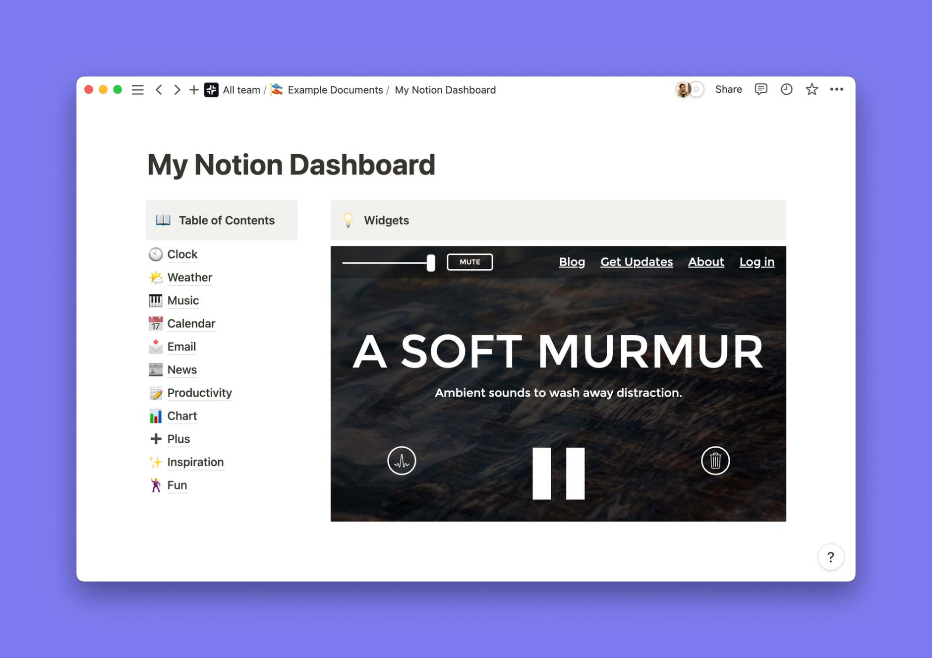 White Noise Generator widget inside of a Notion workspace