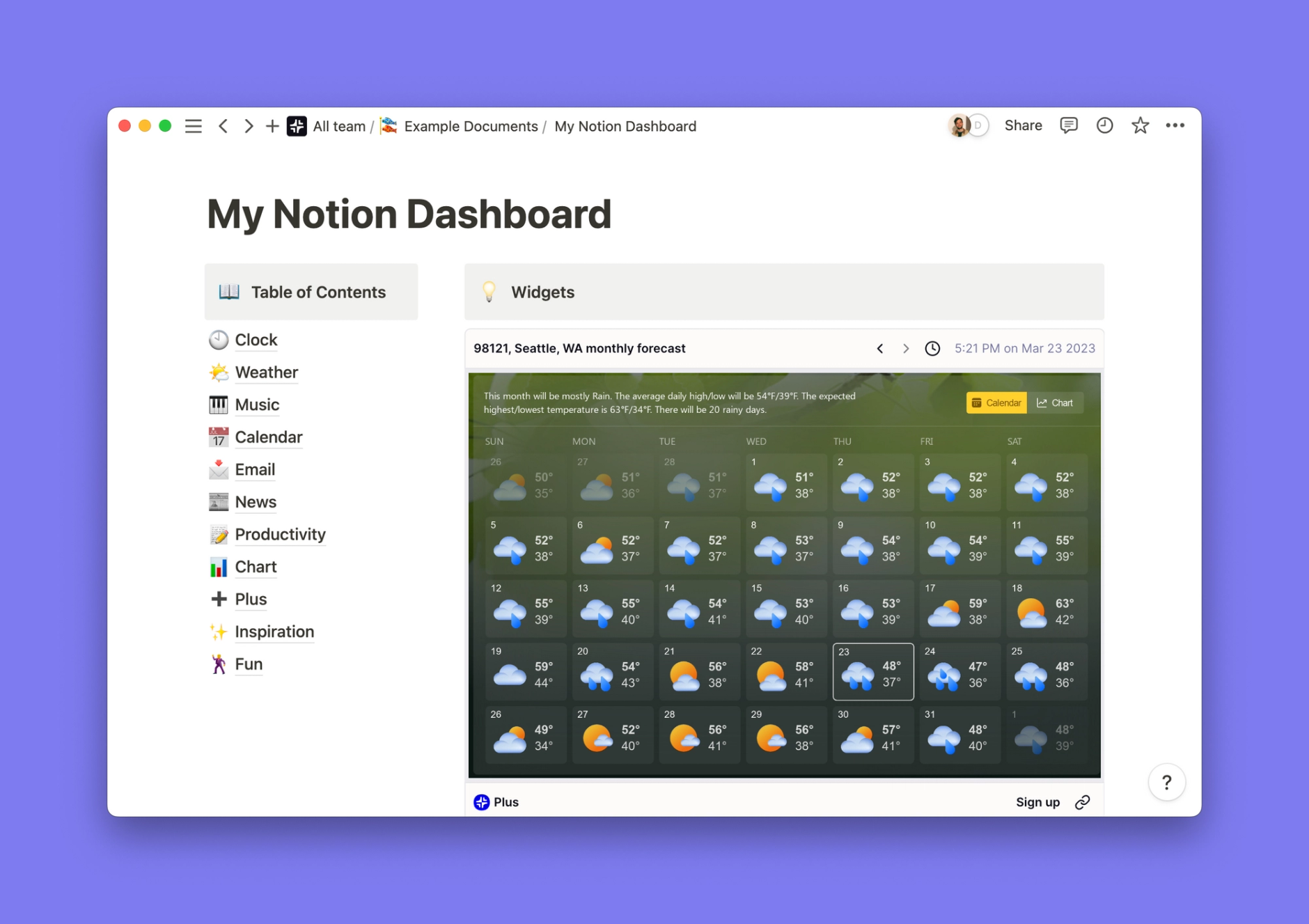 MSN Weather widget inside of a Notion workspace